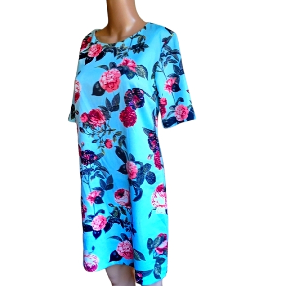 👗📏CeCe Woman's Blue Floral Sheath Dress Boat Neckline Knee Length Size Small - Picture 2 of 10
